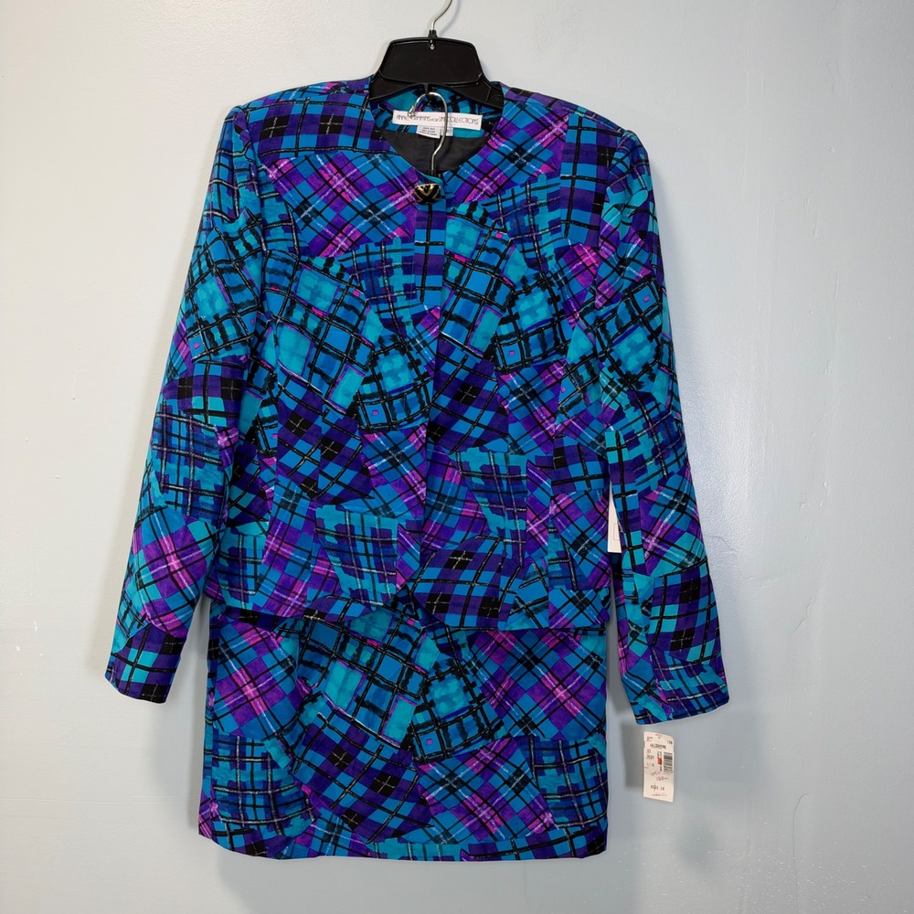 Anne Crimmins for UMI Collections Vintage 100% Silk Skirt Suit Blue Plaid NWT 10